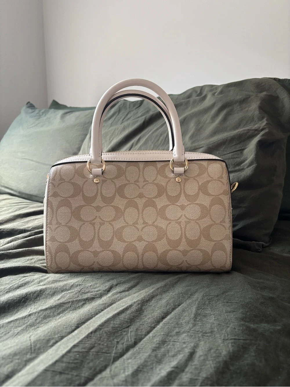 Coach Signature Canvas Satchel in Beige with White Trim